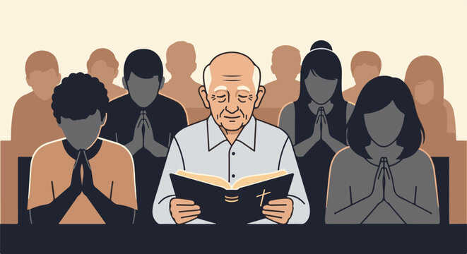Diverse group of people praying together around an elder reading a holy book
