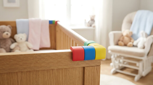 Brightly colored corner guards protecting a wooden crib, ensuring baby safety in a nursery environment