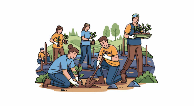 Diverse group of people planting saplings in a community garden with rolling hills