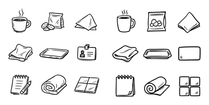 Kitchen and dining concept icons with coffee cup, napkin and note pad for presentation and print marketing in hand drawn outline style