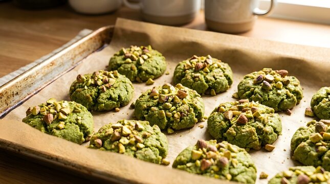 Matcha green tea cookies with pistachio topping on baking sheet