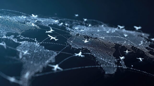 Global flight routes connect continents with illuminated airplane icons