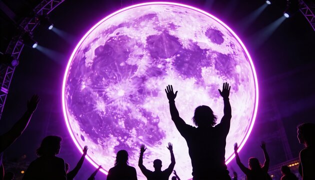 Glowing purple moon LED display illuminating concert, with truss, spotlights and silhouetted crowd