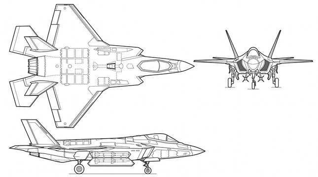 Orthographic Three-View Technical Blueprint &ndash; Twin-Aisle Commercial Airliner &ndash; Side Profile, Front Fuselage Elevation, Top Wing Plan