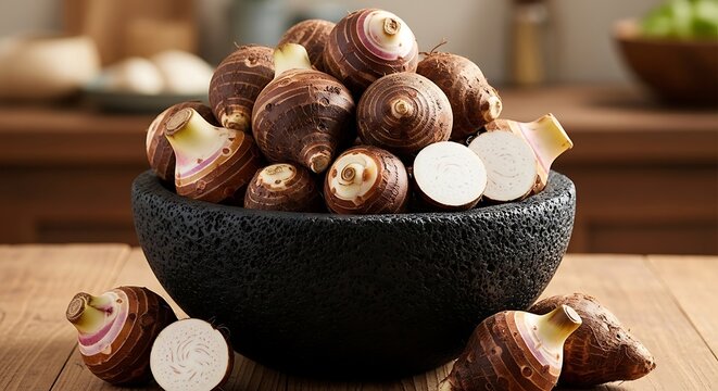 Fresh raw taro roots in a black stone bowl on a wooden table