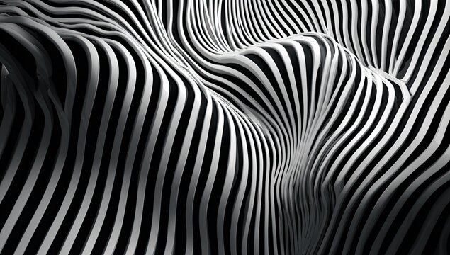 Abstract, undulating waves of parallel lines create a dynamic, monochrome optical illusion