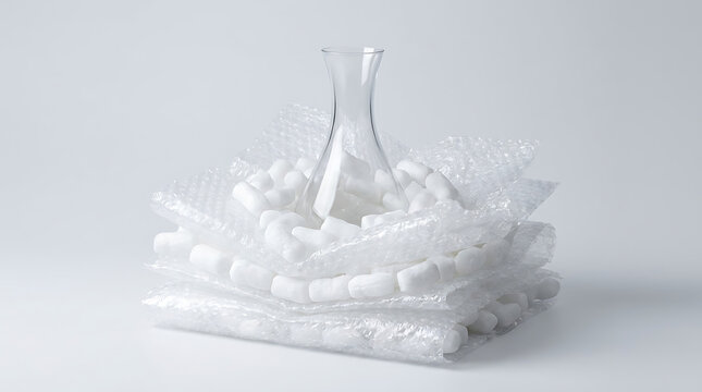 Clear glass vase protected by bubble wrap and foam packaging materials for safe transport