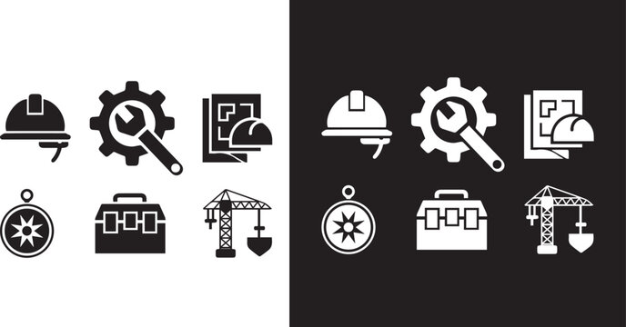 Industrial work tools icon set, black and white  silhouettes of hammer and wrench, construction hardware equipment vector, repair service toolbox symbols