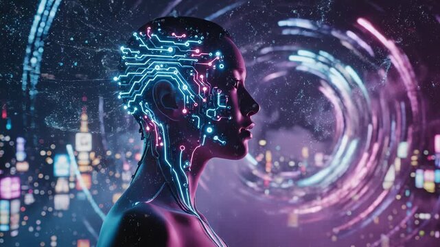 Humanoid ai profile with glowing neural network circuit patterns on head against a blurred background of digital data streams and urban lights