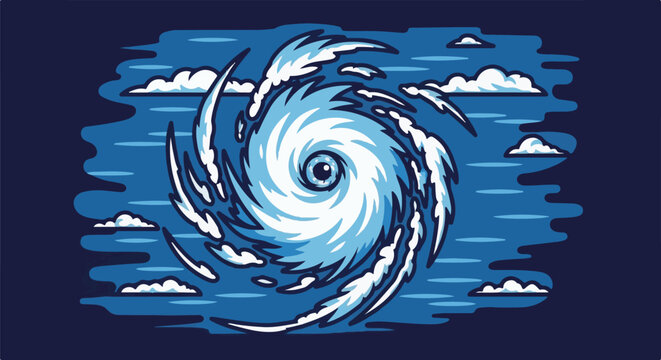 Stylized vortex of swirling clouds and wind, reminiscent of a storm or hurricane, against a dark blue sky