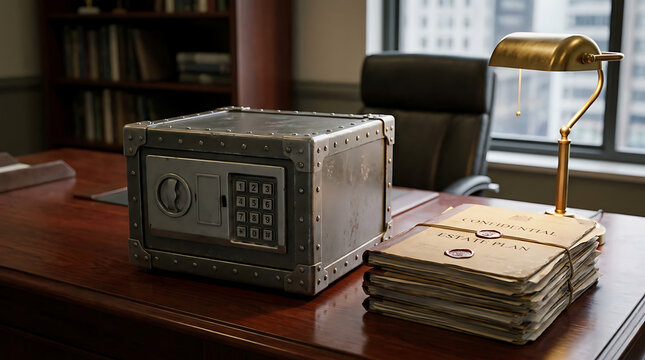 Vintage steel lockbox on mahogany desk with books, symbolizing security and storage in an office setting.
