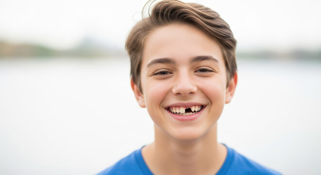 Teenager with missing tooth grinning outdoors for advertising social media banner website marketing and commercial editorial use