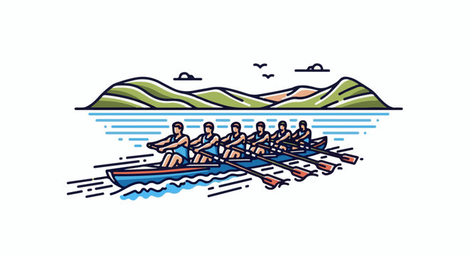 Eight rowers in a boat race across a blue lake toward green, undulating hills under a pale sky