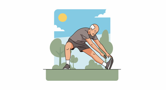 Elderly man stretching legs in park on a sunny day