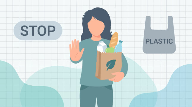 Woman refusing plastic, promoting eco-friendly shopping with reusable bag