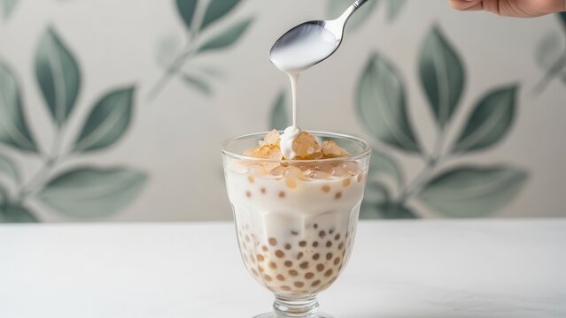 Tapioca pearl dessert with milk being poured from a spoon