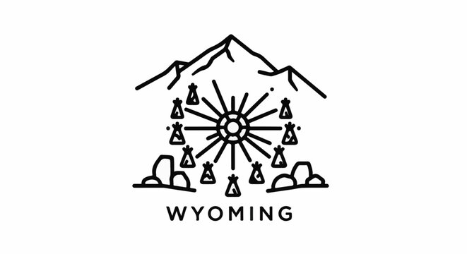 Iconic mountain landscape with sunburst of tipis and rocks, beneath the word Wyoming