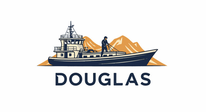 Illustration of a boat with a person and mountains behind it