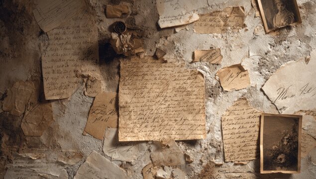 Old Handwritten Letters and Documents Adorning a Textured Wall.