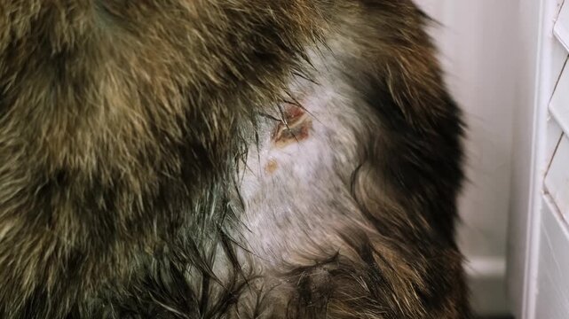 A cat after fight with a lacerated wound on body. An animal bite. Pet treatment. A laceration with blood on the pet's side. The injured area of skin. High quality 4K footage. High quality 4K footage.
