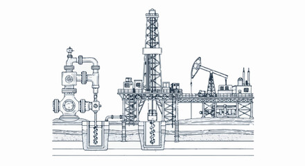 Obraz premium Industrial scene depicts drilling operation with complex pipework and an offshore rig