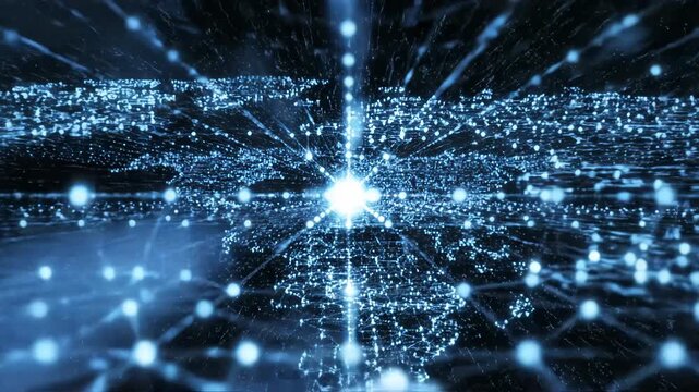 Abstract digital network connection background with glowing blue nodes and lines forming a global communication grid in deep space