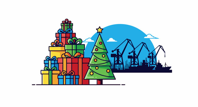 Festive gifts and a decorated tree stand before a silhouette of industrial cranes and ships