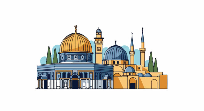 Islamic architectural complex with golden and blue domes, minarets, and cypress trees