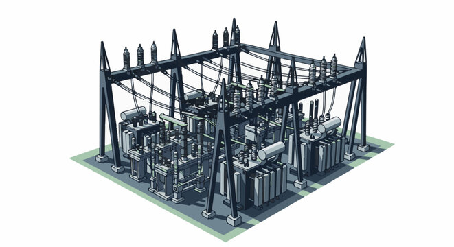 Isometric illustration of a complex electrical substation with transformers, insulators, and power lines