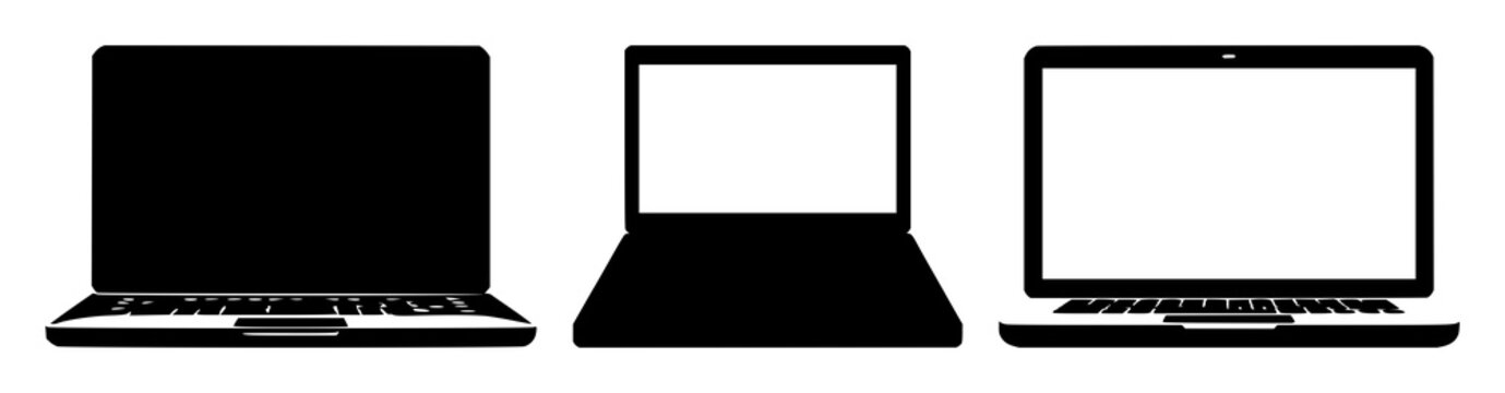 E-learning laptop icon set with solid black outline on white background featuring e-learning, laptop, icon with digital and education