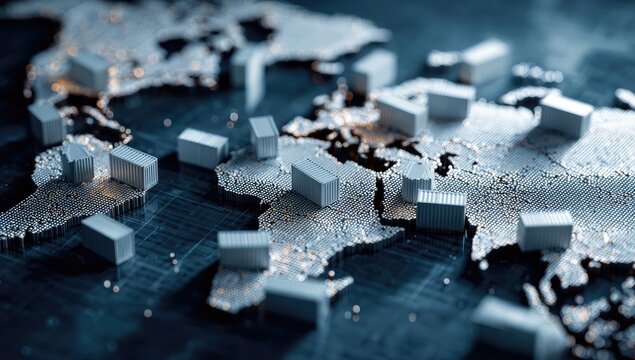 Abstract representation of global economic crisis with scattered cubes on a map.