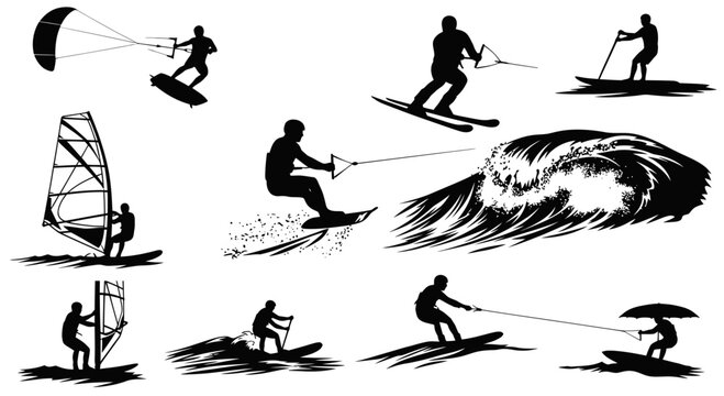 Silhouette Water Sports Collection: Surfing, Kitesurfing, Windsurfing, Waterskiing