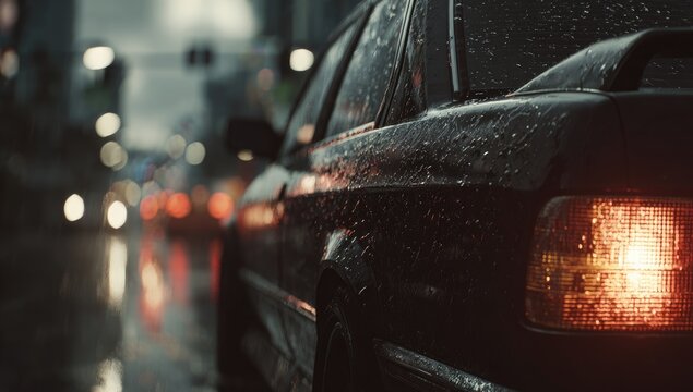 Close-up of a wet, dark car taillight at dusk with city lights blurred