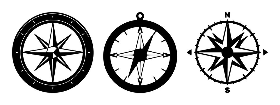 Compass set with solid black icon on pristine white background featuring navigation, direction, travel with universal symbols and minimalist design