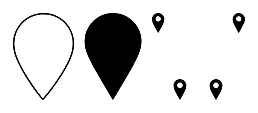 Location pin icon set with solid black color and simple monoline design featuring travel, navigation, gps with position and destination