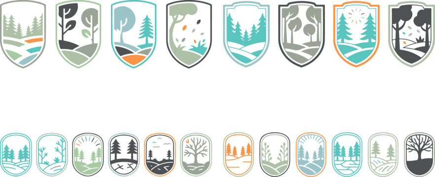 Collection of various nature inspired shield and oval logos with trees and landscapes