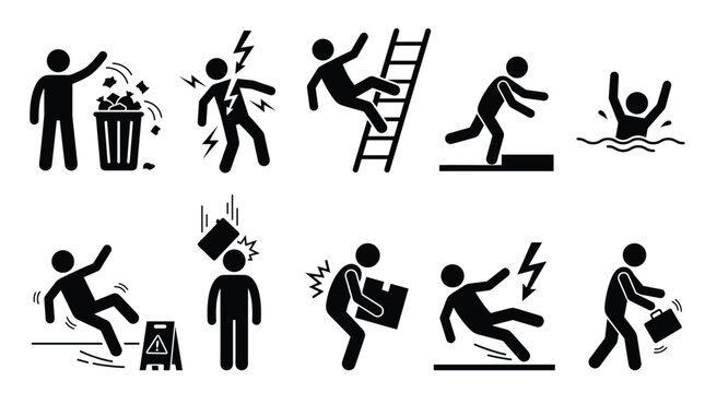 Workplace safety hazardous situations element pack, minimalist line style, falling, drowning, lifting, electricity, and injury
