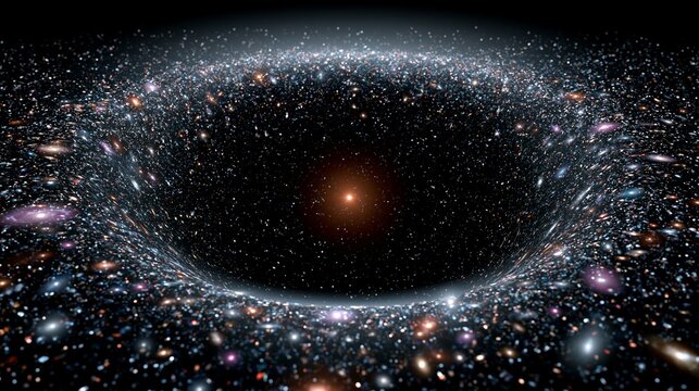 Zahlreiche farbige Galaxien und Sternhaufen leuchten dicht gedr&auml;ngt auf schwarzem Weltraumhintergrund.