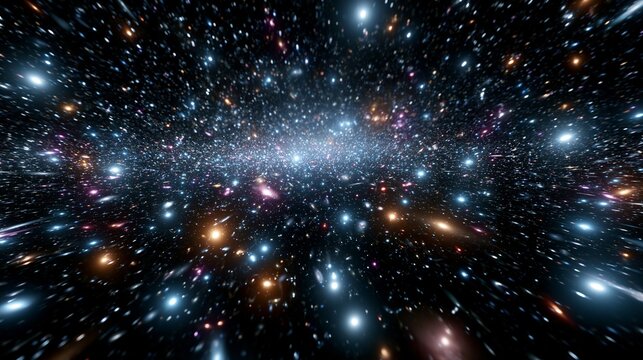 Zahlreiche farbige Galaxien und Sternhaufen leuchten dicht gedr&auml;ngt auf schwarzem Weltraumhintergrund.