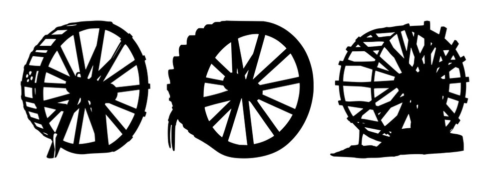 Water wheel set with black silhouette on white background featuring hydro power, energy, machinery, transportation with efficiency and sustainability