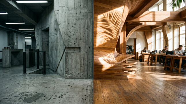 Split interior architecture transitioning from brutalist concrete to warm wood