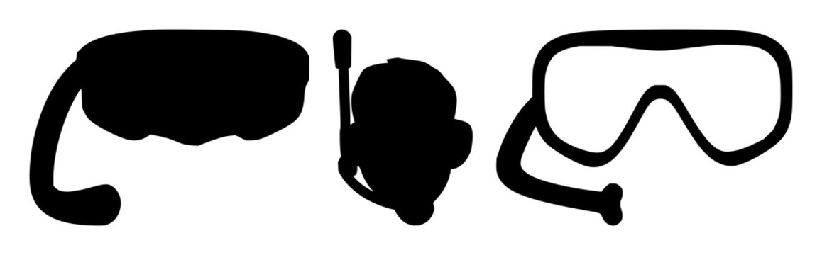 Snorkel set with black silhouette on white background and simple line art featuring snorkel, marine gear, diver with rebreather and water