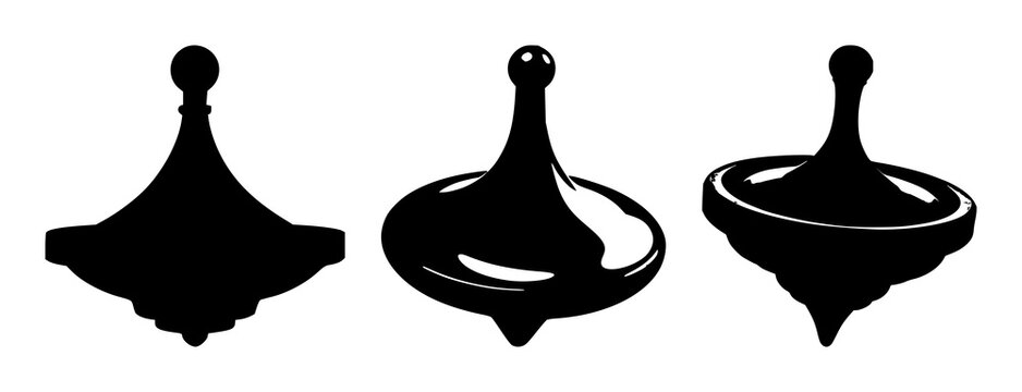 Spinning top set with black silhouette on white background featuring toy, motion, classic with black and white and minimalistic illustration