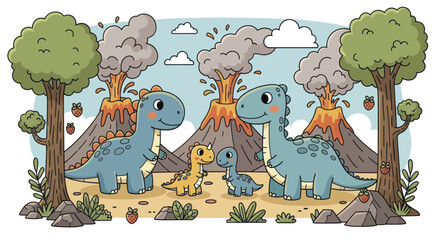 Cute Cartoon Dinosaurs Family in Prehistoric Landscape with Volcanoes. © Berkah