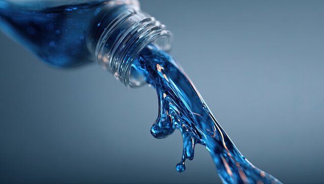 Vibrant blue liquid streams from glass bottle, catching light