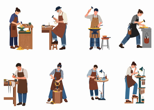 Flat illustration set of diverse jewelers and metalsmiths working with tools at their workbenches.