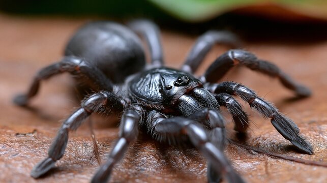 Eine schwarze Vogelspinne (Theraphosidae) sitzt in Nahaufnahme auf einer braunen Holzoberfl&auml;che und zeigt deutlich ihre behaarten Beine und ihren massiven K&ouml;rper.