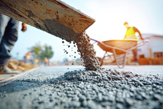 Wet concrete pouring onto construction site, worker with wheelbarrow in background
