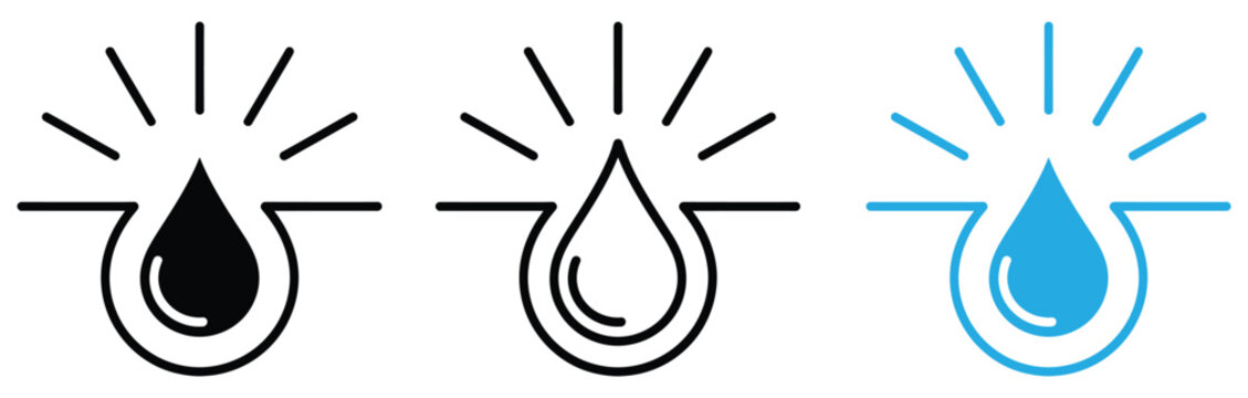 Water drop icons in black and blue with sunburst effect for business and design use
