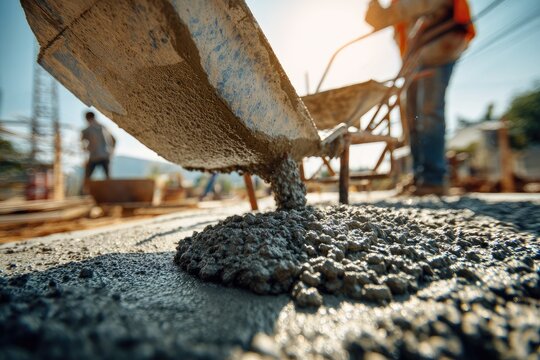 Wet concrete flows from a chute onto a construction site